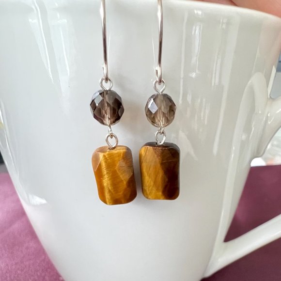 Artisan 925 Sterling Silver Hook Semi Precious Stone Earrings, Tiger eye, Topaz - Picture 2 of 4